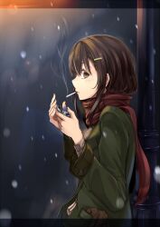  1girl blush brown_eyes brown_hair closed_mouth coat commentary_request from_side green_coat hair_ornament hairclip highres lamppost lighter lighting_cigarette long_sleeves looking_at_viewer mouth_hold night original outdoors red_scarf scarf sidelocks sideways_glance smoke smoke_trail smoking snowing solo unatimuna winter_clothes zippo_lighter 