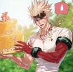  1boy anniversary cake collarbone colored_skin dress_shirt dungeon_and_fighter food food_on_face gauntlets headband holding holding_food long_hair lumispecter male_focus muscular one_eye_closed red_eyes red_skin shirt slayer_(dungeon_and_fighter) solo spiky_hair sweatdrop tight tight_shirt twitter_username white_hair 