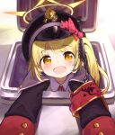  1girl :d armband black_bow black_headwear black_jacket blonde_hair blue_archive bow collared_shirt hair_bow halo hat hat_bow hub_(havu_obi) ibuki_(blue_archive) jacket long_hair long_sleeves looking_at_viewer military_hat neck_ribbon open_clothes open_jacket orange_eyes peaked_cap pink_bow red_ribbon ribbon shirt side_ponytail sleeves_past_fingers sleeves_past_wrists smile solo white_shirt 