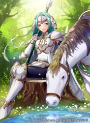  1girl animal arm_guards armor armored_boots boots breastplate cape closed_mouth commentary_request company_connection copyright_name day duplicate fingerless_gloves fingernails fire_emblem fire_emblem:_path_of_radiance fire_emblem_cipher flower forest gloves headpiece holding horse leggings light_particles lips long_hair matsurika_youko nature official_art outdoors pixel-perfect_duplicate polearm reflection reflective_liquid shoulder_armor sigrun_(fire_emblem) sitting smile solo spear tree water weapon white_armor 
