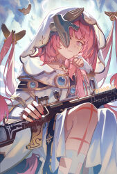  1girl absurdres ambience_synesthesia arknights closed_mouth disembodied_hand dress facial_mark feet_out_of_frame from_below gold_trim halo highres leg_tattoo lemuen_(arknights) lemuen_(requiem_vesperis)_(arknights) long_hair looking_at_viewer looking_down mark_under_eye official_alternate_costume one_eye_covered pearl_choker pink_eyes pink_hair sample_watermark sitting sky solo star_pendant tattoo teardrop_facial_mark thank_you tianqiyubao_euc traditional_halo veil watermark white_dress white_halo white_veil 