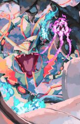  absurdres black_sclera blue_fire bright_pupils charizard colored_sclera commentary dragon dragon_wings english_commentary fangs fighting fire highres mega_charizard_x mega_pokemon mega_rayquaza merchandise_available no_humans open_mouth photoshop_(medium) pokemon pokemon_(creature) pokemon_focus procreate_(medium) purple_fire rayquaza red_eyes tuttlesart white_pupils wings 