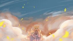  1girl animal_ear_fluff animal_ears arknights bare_shoulders blonde_hair braid braided_hair_rings chinese_commentary choker closed_eyes commentary_request cowboy_shot cross-laced_clothes cross-laced_skirt detached_sleeves dress fox_ears fox_girl fox_tail frills hair_between_eyes hair_rings hairband highres leaf miscroco multicolored_hair multiple_tails open_mouth pantyhose skirt smile smoke smoke_trail solo straight-on suzuran_(arknights) tail 