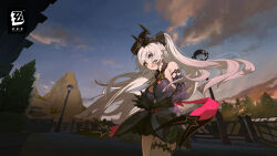  1girl absurdres bare_shoulders black_horns blue_dress blue_eyes copyright_logo copyright_name crossed_bangs detached_sleeves dress english_text grey_hair hair_between_eyes heterochromia highres horns lindverne_sunbringer logo long_hair mechanical_horns official_art official_wallpaper open_mouth outdoors smile solo teeth upper_teeth_only very_long_hair yellow_eyes zenless_zone_zero 