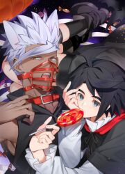  0mizu2658 2boys ahoge animal_ears black_cape black_hair blue_eyes candy cape collar commentary_request dark-skinned_male dark_skin food gundam gundam_tekketsu_no_orphans halloween_costume highres holding holding_candy holding_food holding_lollipop lollipop long_sleeves male_focus mikazuki_augus multiple_boys muzzle_(mask) open_mouth orga_itsuka red_collar shirt short_hair sleeveless spiky_hair white_hair white_shirt yellow_eyes 