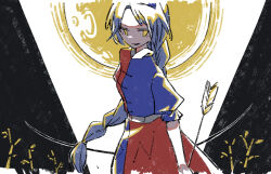  1girl arrow_(projectile) bamboo black_background blue_dress bow_(weapon) braid dress english_commentary full_moon grey_hair holding holding_arrow holding_bow_(weapon) holding_weapon long_hair moon parted_lips red_dress short_sleeves smile solo touhou two-tone_background two-tone_dress very_long_hair weapon white_background yagokoro_eirin yellow_eyes zhihuaiqiang 