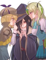  3girls antenna_hair black_hair black_hat black_robe brown_hair brown_hat commentary_request green_eyes green_hair green_streaks hair_ornament hair_tie hairclip hat heaven_burns_red highres irene_redmayne long_hair multicolored_hair multiple_girls nakamura_hinato ooshima_isuzu open_mouth red_eyes robe short_hair simple_background streaked_hair sweatdrop tenne_miko violet_eyes white_background witch_hat yuri 