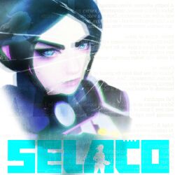  1girl absurdres armor black_hair blue_eyes chromatic_aberration commentary copyright_logo copyright_name cropped_shoulders dawn_collins edward_jordan english_commentary english_text eyelashes heavy_chromatic_aberration highres lips logo looking_at_viewer mirrored_text nose selaco short_hair shoulder_armor solo 