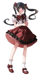  1girl :o alternate_costume black_hair blunt_bangs blunt_ends bow bowtie casual center_frills collar collared_shirt commentary_request dress floating_hair footwear_bow frilled_collar frilled_dress frilled_shirt_collar frilled_sleeves frills full_body highres layered_dress layered_sleeves long_hair looking_at_viewer low_block_heels mary_janes nyanmaru open_mouth petite pink_eyes pink_shoes red_bow red_bowtie red_dress senki_zesshou_symphogear shirt shirt_tucked_in shoes short_sleeves simple_background socks solo standing steepled_fingers tsukuyomi_shirabe twintails white_background white_shirt white_socks 