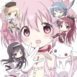 >_< 15_mi1k 5girls \||/ akemi_homura akemi_homura_(magical_girl) black_hair black_hairband black_hat blonde_hair blue_hair blush chest_jewel chibi chibi_inset choker flower_hairclip fortissimo gem gem_hair_ornament gun hair_between_eyes hair_ornament hairband hairclip hat highres holding holding_sword holding_weapon kaname_madoka kaname_madoka_(magical_girl) kyubey long_hair magical_girl magical_musket_(madoka_magica) mahou_shoujo_madoka_magica mahou_shoujo_madoka_magica_(anime) mahou_shoujo_madoka_magica_movie_1_&amp;_2 miki_sayaka miki_sayaka_(magical_girl) multiple_girls musical_note musical_note_hair_ornament open_mouth orange_gem pink_eyes pink_gem pink_hair red_choker red_eyes red_hair sakura_kyoko sakura_kyoko_(magical_girl) short_hair simple_background soul_gem_(madoka_magica) sword tomoe_mami tomoe_mami_(magical_girl) weapon white_background
