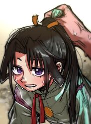 2others absurdres androgynous anger_vein bilingual_commentary black_hair carrying carrying_person english_commentary fate/samurai_remnant fate_(series) heavy_breathing high_ponytail highres japanese_clothes kariginu korean_commentary long_hair mixed-language_commentary multiple_others other_focus parted_lips ponytail pov pov_hands short_eyebrows smile sokdoksannim sweat teeth upper_body upper_teeth_only violet_eyes yamato_takeru_(fate) 