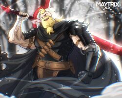  1boy adventure_time animal_ear_hood animal_hood armor artist_name bandaged_arm bandages beard belt_pouch berserk black_armor black_cloak blonde_hair cloak commentary cosplay cuirass demon_blood_sword english_commentary facial_hair finn_the_human full_beard greaves guts_(berserk) guts_(berserk)_(cosplay) highres hood long_beard long_hair maytrixxdx mechanical_arms muscular muscular_male one_eye_closed open_mouth outdoors over_shoulder pouch prosthesis prosthetic_arm scar scar_across_eye scar_on_face shoulder_armor single_mechanical_arm snow solo trait_connection weapon weapon_over_shoulder wind 