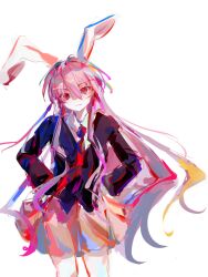  1girl animal_ears commentary_request hands_on_own_hips highres kumoimio long_hair looking_at_viewer necktie open_mouth purple_hair rabbit_ears rabbit_girl red_eyes red_necktie reisen_udongein_inaba simple_background smile solo touhou very_long_hair white_background 