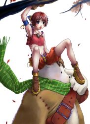  1boy 1girl arm_up armlet armpits bad_id brown_gloves commentary_request falling_leaves floating_scarf furry furry_male gloves green_scarf jewelry leaf navel open_mouth orange_shorts pangya pippin_(pangya) red_hair ribs scarf short_hair shorts sitting sitting_on_head sitting_on_person striped_clothes striped_scarf titan_boo violet_eyes yossy_nocturne 