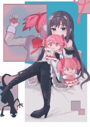  2girls akemi_homura akemi_homura_(magical_girl) argyle_clothes argyle_pantyhose arm_up black_eyes black_hair black_hairband character_doll commentary doll dress hairband half-closed_eyes highres holding holding_stuffed_toy kaname_madoka kaname_madoka_(magical_girl) light_blush long_hair mahou_shoujo_madoka_magica mahou_shoujo_madoka_magica:_walpurgis_no_kaiten mitakihara_school_uniform multiple_girls naaaaaa_372 off_shoulder pink_dress pink_eyes pink_hair pink_ribbon projected_inset ribbon school_uniform short_twintails sitting soul_gem_(madoka_magica) stuffed_toy twintails 