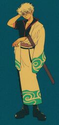  1boy arm_out_of_sleeve arm_up belt black_belt black_boots black_shirt blue_background boots closed_mouth film_grain full_body gintama hadanugi_dousa heavy_film_grain japanese_clothes jitome kimono long_sleeves male_focus pikurusu red_trim sakata_gintoki sheath shirt short_hair short_sleeves simple_background solo very_short_hair wave_print white_hair wide_sleeves 