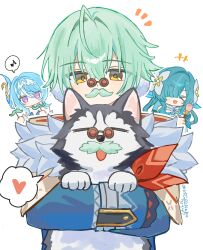  >_< +++ 1boy 2girls absurdres ahoge alyosha_(genshin_impact) animal animal_ears animal_focus animal_nose aqua_hair artist_name bare_shoulders black_fur blue_dress blue_gem blue_hair blue_jacket breasts brown-framed_eyewear brown_cape cape choker closed_eyes commentary_request detached_sleeves dog dog_ears dress earmuffs fake_facial_hair fake_mustache fins flower frilled_choker frills fur-trimmed_cape fur_trim gem genshin_impact glasses green_hair hair_between_eyes hair_flower hair_ornament hair_over_one_eye hairband happy head_fins heart highres holding hood hooded_cape hug husky jacket jewelry long_hair long_sleeves looking_at_another male_focus medium_breasts multicolored_hair multiple_girls musical_note nanase_sato necklace no_mouth notice_lines odette_(genshin_impact) open_mouth orange-tinted_eyewear pet puffy_detached_sleeves puffy_long_sleeves puffy_sleeves red_ribbon ribbon round_eyewear short_hair simple_background sleeveless sleeveless_dress smile speech_bubble spoken_heart spoken_musical_note strapless strapless_dress streaked_hair tinted_eyewear tugarin_(genshin_impact) two-tone_fur upper_body very_long_hair violet_eyes vodyanitsa_(genshin_impact) white_background white_choker white_dress white_flower white_fur white_hair white_hairband yellow_eyes 