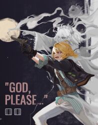  2girls absurdres aiming aqua_shirt aqua_sleeves black_jacket blonde_hair bomber_jacket bow commentary cosplay detached_sleeves disco_elysium dokibird english_text fang feather_hair finger_on_trigger ghost_girl gloves green_eyes gun hair_bow hair_ornament handgun harry_du_bois harry_du_bois_(cosplay) heterochromia highres holding holding_gun holding_weapon indie_virtual_youtuber jacket kim_kitsuragi kim_kitsuragi_(cosplay) maid_headdress mint_fantome multiple_girls open_mouth pointing pointy_ears profile red_eyes revolver shirt short_hair simple_background skin_fang smile smoke smoke_trail triangular_headpiece virtual_youtuber weapon white_hair x_hair_ornament xenn_illust 