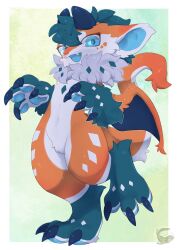  2026 absurdres animal_hands blue_claws blue_eyes blue_horns claws commentary_request diamond_markings dragon dragon_wings fluff_neck fluffy_hair fluffy_tail furry green_background grin highres horns mini_wings mochiri_(mochiri_work) open_mouth orange_fur signature smile solo standing tail teal_fur teal_hair watermark white_fur wings 