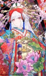  1girl blue_kimono colorful commentary_request floral_print floral_print_kimono flower furisode fuzichoco grey_hair hair_ornament highres japanese_clothes kanzashi kimono long_hair looking_at_viewer original paid_reward_available pink_flower print_kimono red_eyes solo tassel tassel_hair_ornament twitter_username uchikake 