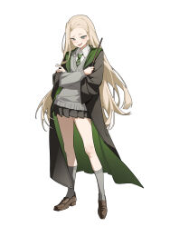  1girl absurdres black_coat black_skirt blonde_hair blue_eyes brown_shoes coat collared_shirt commentary full_body genderswap genderswap_(mtf) green_necktie grey_socks grey_sweater harry_potter_(series) highres kneehighs loafers long_hair long_sleeves looking_at_viewer malfoid midori_fufu miniskirt necktie open_clothes open_coat open_mouth parted_bangs pleated_skirt raised_eyebrow school_uniform shirt shoes simple_background skirt smile socks solo standing striped_clothes striped_necktie sweater thighs untranslatable_commentary very_long_hair white_background white_shirt wizarding_world 