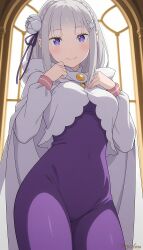  absurdres braid bryartist commentary crown_braid detached_sleeves emilia_(re:zero) flower hair_flower hair_ornament highres purple_ribbon re:zero_kara_hajimeru_isekai_seikatsu ribbon white_flower 