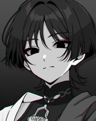  1boy blunt_ends bodysuit closed_mouth commentary empty_eyes expressionless eyeliner genshin_impact grey_background greyscale hair_intakes japanese_clothes kimono looking_at_viewer makeup male_focus mandarin_collar monochrome portrait red_eyeliner ren_hasu scaramouche_(genshin_impact) shoulder_peek side_cape solo split_mouth spot_color tsurime untranslatable_commentary wanderer_(genshin_impact) wispy_bangs wolf_cut 