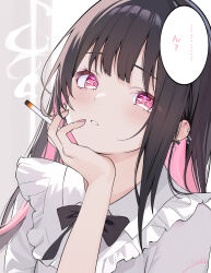 1girl between_fingers black_bow black_bowtie black_hair blush bow bow_earrings bowtie cigarette colored_inner_hair commentary_request cross cross_earrings ear_piercing earrings hand_on_own_chin highres holding holding_cigarette jewelry jirai_kei long_hair looking_at_viewer multicolored_hair nail_polish original parted_lips piercing pink_eyes pink_hair pink_nails portrait signature single_sidelock smoke smoke_trail smoking solo speech_bubble translation_request zuu_(qq770463651) 