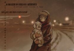  1girl aircraft airplane animal artist_name brown_coat closed_eyes coat dog grey_hair hat highres holding holding_animal holding_dog lonesomnia mittens orange_mittens original red_scarf russian_text scarf snow snow_on_clothes snowing solo translation_request ushanka winter_clothes winter_coat 