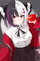  1girl absurdres aqua_nails black_choker black_hair black_skirt choker closed_mouth collared_shirt commentary_request food fruit hair_ornament heart heart_hair_ornament highres holding holding_food holding_fruit jacket lacrimosa_(nte) long_hair looking_at_viewer multicolored_hair multicolored_nails nail_polish neverness_to_everness next_tomountain pink_nails red_eyes red_jacket red_streaks shirt skirt smile solo split-color_hair streaked_hair tomato twintails two-tone_hair white_hair white_shirt x_hair_ornament 