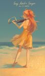  1girl absurdres ahoge artist_name bare_arms barefoot beach blue_choker blue_sky character_name chinese_commentary choker clear_sky closed_eyes commentary_request dated day dress from_behind full_body highres holding holding_instrument instrument long_hair moriso music neon_genesis_evangelion ocean orange_hair outdoors playing_instrument signature sky sleeveless sleeveless_dress solo souryuu_asuka_langley sundress two_side_up violin water yellow_dress 