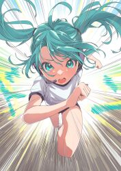  1girl :o antenna_hair aqua_hair bare_arms bare_legs bare_shoulders blue_pants closed_hand cyan_eyes hair_in_eyes hair_tie hatsune_miku headphones open_mouth pink_cheeks running solo teeth tongue white_shirt white_shoes 