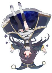  1girl absurdres belt belt_buckle black_belt black_hair black_thighhighs blue_sleeves blush boots buckle collar commentary_request dress dress_under_skirt frilled_dress frilled_socks frills hat hat_ring highres jester_cap long_hair long_sleeves looking_at_viewer magical_girl mahou_shoujo_madoka_magica mahou_shoujo_madoka_magica:_walpurgis_no_kaiten open_mouth outstretched_arms red_eyes shirasuame_shiromaru showgirl_skirt simple_background socks solo star_(symbol) starry_sky_print thigh-highs torn_clothes torn_thighhighs upside-down wasu_(majokko)_(2nd_form)_(madoka_magica) white_background white_boots white_collar 