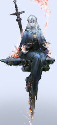  1girl absurdres barefoot belt blonde_hair bone burning burning_clothes capelet chinese_commentary commentary_request covered_eyes dark_souls_(series) dark_souls_iii fire fire_keeper full_body gradient_background grey_background grey_capelet grey_robe headpiece highres hood hood_down hooded_capelet jewelry long_hair loose_belt necklace pale_skin plant qiang45042 robe sitting solo sword turtleneck vines weapon 
