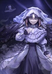  2girls absurdres belt black_belt black_hair blue_eyes bow commentary dress flying_saucer frilled_sleeves frills hand_on_own_chest high_collar highres hololive hololive_english jewelry light_smile long_sleeves middle_part multiple_girls necklace ninomae_ina'nis open_hands parted_bangs pendant puffy_sleeves signature solo_focus spacecraft star_(sky) tentacle_hair two_side_up ufo veil zs1977235428489 