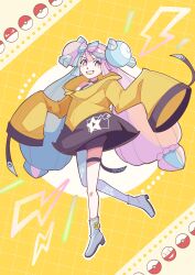  1girl absurdres bow-shaped_hair character_hair_ornament commentary_request electrode_(pokemon) full_body grey_shoes grin hair_ornament happy haruto_irasuto highres iono_(pokemon) jacket lightning_bolt_symbol long_hair long_sleeves looking_at_viewer multicolored_hair poke_ball poke_ball_(basic) pokemon pokemon_(creature) pokemon_scarlet_and_violet shoes shorts sleeves_past_fingers sleeves_past_wrists smile teeth thigh_strap twintails two-tone_hair voltorb yellow_jacket 