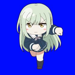  1girl animated animated_gif bang_dream! bang_dream!_it's_mygo!!!!! blue_background blue_skirt blush chinese_commentary commentary_request full_body green_hair long_hair long_sleeves looking_at_viewer meme neckerchief pleated_skirt running running_ganger_(meme) school_uniform serious shoes simple_background skirt solo tsukinomori_school_uniform wakaba_mutsumi yellow_eyes yuan_huan_nokotowari 