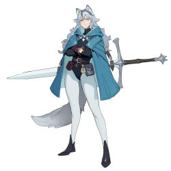  1girl absurdres animal_ears ass_visible_through_thighs belt belt_buckle belt_pouch black_bodysuit black_shoes blue_cloak blue_eyeshadow bodysuit breasts brown_belt brown_gloves buckle cloak closed_mouth commentary concept_art crossed_arms crossed_bangs dongho_kang english_commentary eyelashes eyeshadow fantasy full_body gloves greatsword grey_hair grey_streaks grey_tail hair_between_eyes halcyon_zero highres hood hooded_cloak light_smile long_hair long_sleeves looking_at_viewer makeup medium_breasts multicolored_hair nose_shade official_art pantyhose pouch ribbed_bodysuit shoes simple_background solo standing streaked_hair sword sword_on_back tail turtleneck turtleneck_bodysuit weapon weapon_on_back white_background white_pantyhose wolf_ears wolf_girl wolf_tail yellow_eyes 