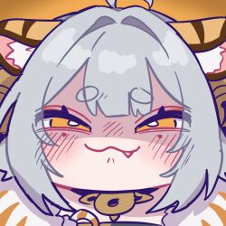  1girl ahoge animal_ear_fluff animal_ears bell chibi cogane_rang cogane_rang_(1st_costume) commentary_request fang grey_hair hair_bell hair_intakes hair_ornament half-closed_eyes hikimayu kaming3698 korean_commentary medium_hair mole mole_under_each_eye mole_under_eye multiple_moles portrait solo stellive tiger_ears tiger_girl virtual_youtuber yellow_eyes 