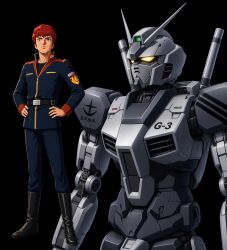  1boy aged_up alternate_universe amuro_ray bad_end belt black_background boots commentary_request earth_federation_space_forces emblem g-3_gundam gundam hands_on_own_hips highres keng666 logo looking_at_viewer mecha military_rank_insignia military_uniform mobile_suit red_hair ring_of_gundam robot roundel science_fiction serious titans_(gundam) v-fin zeta_gundam 
