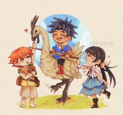  1girl 2boys berry blush cai_castor chibi chibi_only closed_eyes commentary dreadlocks english_commentary fire_emblem fire_emblem:_fortune's_weave heart holding holding_polearm holding_pouch holding_weapon kryomax lance looking_at_animal looking_at_another multiple_boys open_mouth ornius_(fire_emblem) peter_(fire_emblem) polearm riding riding_animal round_eyewear sparkle tialla_august twintails weapon 