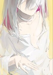  1boy bare_shoulders collarbone colored_inner_hair commentary_request faceless faceless_male jewelry long_bangs long_shirt multicolored_hair necklace open_clothes open_shirt pale_skin partially_unbuttoned pink_hair the_ribbon_hero trap two-tone_hair unbuttoned unbuttoned_shirt velvet_(the_ribbon_hero) white_hair yellow_background zhayoutiao 