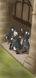  3girls absurdres arch arms_up black_coat black_hair black_socks coat commentary diagonal-striped_clothes diagonal-striped_necktie double_v felutiahime full_body genderswap genderswap_(mtf) grass green_necktie grey_eyes grey_skirt harry_potter_(series) high_school_girls_posing_for_google_street_view_(meme) highres hogwarts_school_uniform holding holding_wand long_hair looking_at_viewer malfoid meme multiple_girls necktie photo-referenced school_uniform skirt socks standing standing_on_one_leg striped_clothes striped_necktie sweater v wand white_sweater wide_sleeves wizarding_world 