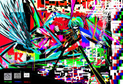  1girl abstract abstract_background closed_mouth colorful commentary_request glitch_art hatsune_miku heart highres hilty looking_at_viewer solo standing twintails vocaloid 
