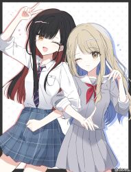  1il5il 2girls arm_up azusawa_kohane black_hair blonde_hair blue_skirt blush border breast_pocket breasts brown_eyes closed_mouth collared_shirt colored_inner_hair commentary cowboy_shot drop_shadow grey_border grey_serafuku grey_shirt grey_skirt hand_up highres index_fingers_raised locked_arms long_hair multicolored_hair multicolored_necktie multiple_girls neckerchief necktie one_eye_closed open_mouth orange_eyes outside_border parted_bangs pleated_skirt pocket project_sekai red_hair red_neckerchief sailor_collar school_uniform serafuku shiraishi_an shirt side-by-side skirt sleeves_pushed_up star_(symbol) untranslatable_commentary v white_background white_sailor_collar white_shirt 