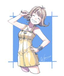  bare_shoulders blue_background border breasts brown_hair closed_eyes cowboy_shot cropped_legs curly_ends dress final_fantasy final_fantasy_viii finger_to_cheek grin hand_on_own_hip jewelry light_blush medium_breasts michibata_65 necklace overalls parted_lips ribbon selphie_tilmitt short_dress short_hair signature simple_background smile teeth white_border wrist_ribbon yellow_dress yellow_overalls 