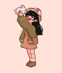  1girl animal arms_up artist_name bag black_hair blunt_bangs brown_bag cardigan cheumi closed_eyes commentary english_commentary full_body handbag hat highres holding holding_animal holding_rabbit long_hair long_sleeves mushroom mushroom_hat open_mouth original pointy_ears rabbit shoes simple_background skirt socks solo standing 