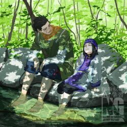  1boy 1girl ainu_clothes arm_support asirpa barefoot black_hair commentary_request forest golden_kamuy highres japanese_clothes looking_at_another murata_miku nature on_rock open_mouth outdoors rock scar scar_on_face scarf sitting soaking_feet sugimoto_saichi watermark yellow_scarf 