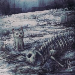  :< animal_skeleton artist-provided_artwork baby_animal can cat fangs grass highres kitten landscape looking_at_another muted_colors no_humans original outdoors russian_commentary scenery shveik_88 snow white_fur winter 