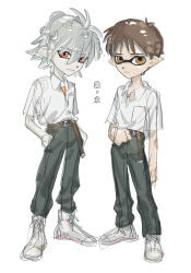  2boys absurdres belt black_pants brown_belt brown_hair commentary dress_shirt full_body grey_hair highres himo_(himodayoo) ikari_shinji long_belt looking_at_viewer male_focus multiple_boys nagisa_kaworu neon_genesis_evangelion pants red_eyes school_uniform shirt shoes short_hair simple_background splatoon_(series) standing suit_pants t-shirt tentacle_hair tokyo-3_middle_school_uniform white_background white_shirt white_shoes 